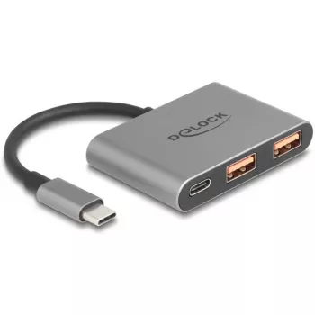USB šakotuvas DELOCK 64337 — USB 3.2 Gen 2 Type-C jungtis, 3 prievadai (Type-C + 2× Type-A), 10 Gbit/s, pilkas, metalinis korpusas