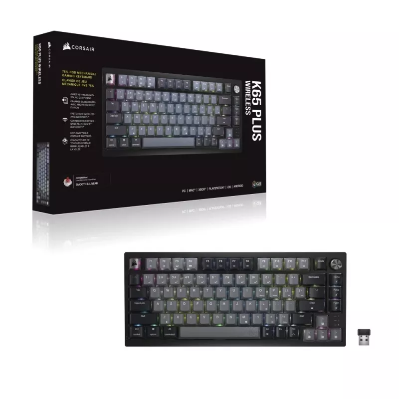 Mechaninė žaidimų klaviatūra CORSAIR K65 PLUS Wireless — Nordic Black, kompaktiškas išdėstymas, USB Type-A