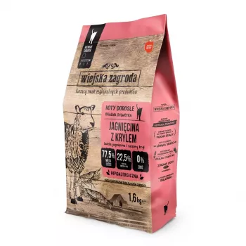 Sausas kačių ėdalas Wiejskazagroda su ėriena ir kriliumi 400 g – suaugusioms katėms, 44% baltymų, 15% riebalų, 6% drėgmės
