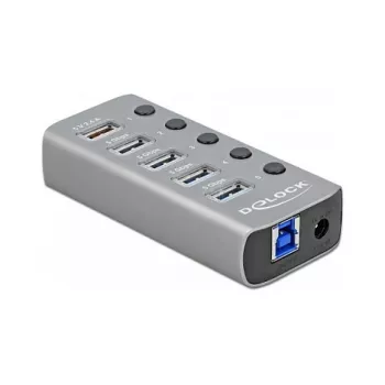USB šakotuvas DeLOCK 63263, USB 3.2 Gen 1, 4× USB-A, USB-C PD 3.0, aliuminis