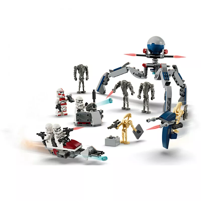 LEGO Star Wars Clone Trooper & Battle Droid Battle Pack – Klonų kareivio ir kovos droido rinkinys su greičio dviračiu, 4 minifigūrėlėmis ir 5 figūrėlėmis