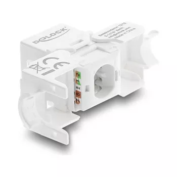 Keystone modulis DELOCK RJ45 į LSA Cat.6 UTP beįrankis su dulkių dangteliu, plokščias, 16×31.8×19.4 mm, balta/juoda