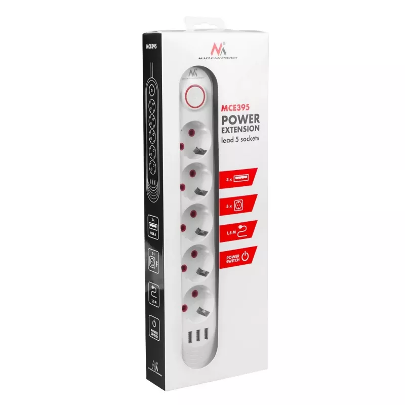 Maitinimo blokas MACLEAN MCE395 W – 5 kištukinių lizdų, 3× USB A, 110–240 V AC, 2,1 A USB, max 2500 W, baltas, 1,5 m laidas