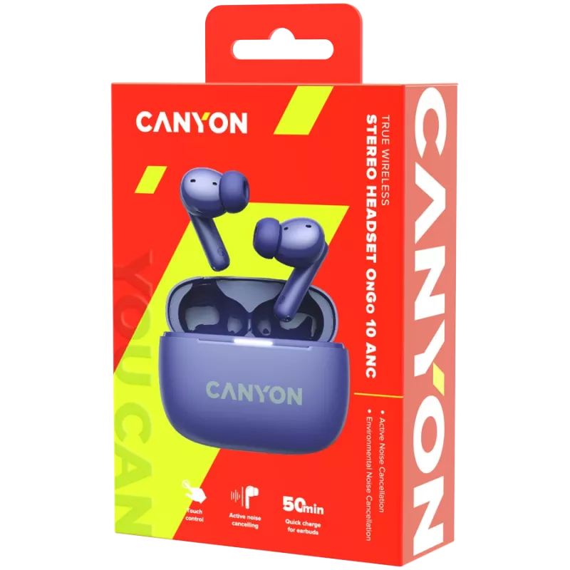 Canyon CNS-TWS10PL Ausinės ir Mikrofonas Tikras Belaidis Stereo (TWS) Į ausis Skambučiai/Muzika/Sportas/Kasdienis naudojimas USB Type-C Bluetooth Violetinė (CNS-TWS10PL)