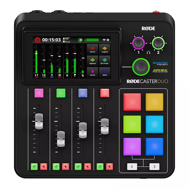 Studijos valdiklis RØDE Caster Duo Black — 2 kombinuoti XLR/TRS, 2 TRS linijiniai išėjimai, 48 kHz, 24 bitai, jutiklinis ekranas, „Wi‑Fi“, „Bluetooth“