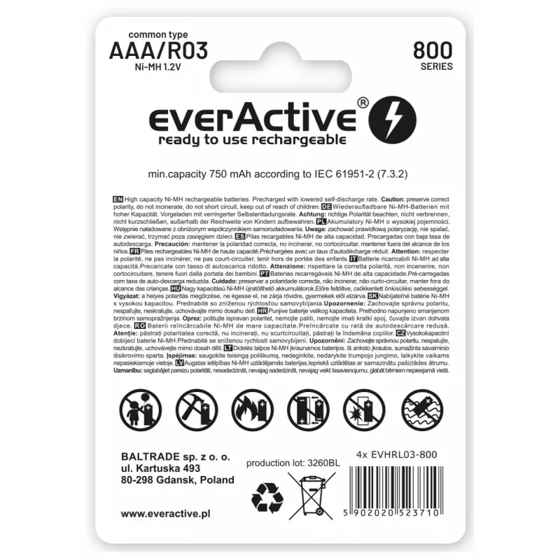 Įkraunama baterija everActive EVHRL03-800 AAA NiMH 1,2 V, cilindrinė, 4 vienetų pakuotė