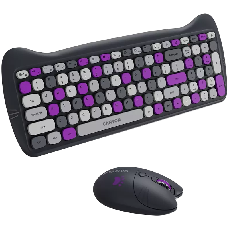 Belaidis klaviatūros ir pelės rinkinys CANYON HSET-W6 Kitty Edition – violetinis