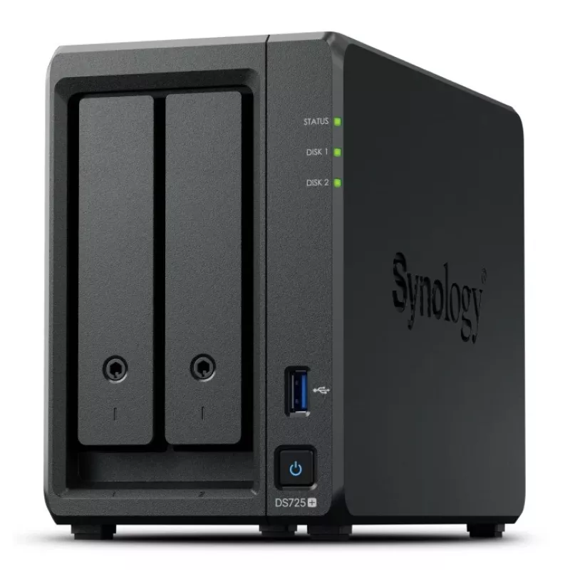 NAS Synology DiskStation DS725+ 2 lizdai Ryzen R1600 4GB DDR4 ECC, 2.5GbE, 2x M.2, RAID palaikymas, 0TB, Juoda
