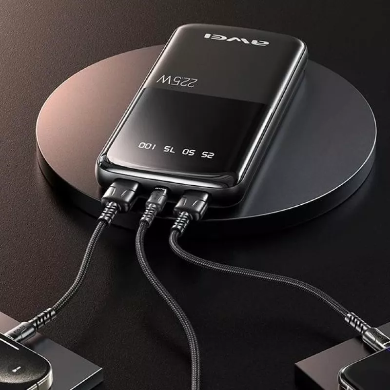 Awei PowerBank P10K 10000 mAh 22,5 W Juoda/Juoda