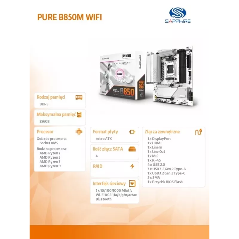 Motininė plokštė Sapphire PURE B850M WIFI Micro ATX — AMD B850, Socket AM5, DDR5 iki 8000 MHz, 4 DIMM, Wi‑Fi 6, 2.5Gb LAN, 2× M.2, PCIe 5.0 x16