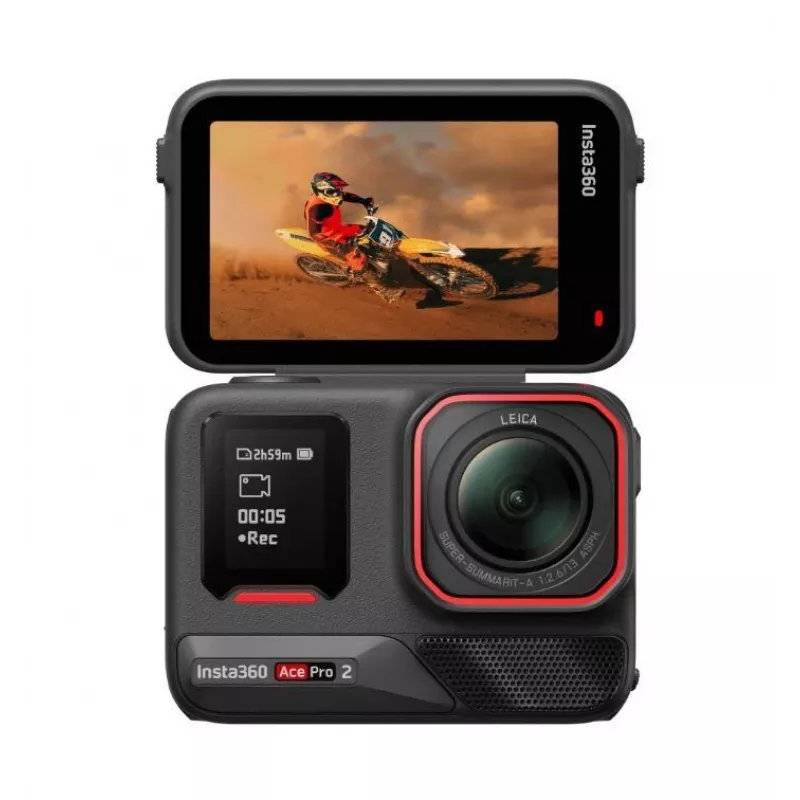 Veiksmo sporto kamera Insta360 Ace Pro 2 — 50 MP, 8K Ultra HD (7680×3272), 1/1,3 colio jutiklis, iki 240 kadrų/s, įmontuotas ekranas, Wi‑Fi, MicroSD, 177,7 g, juoda