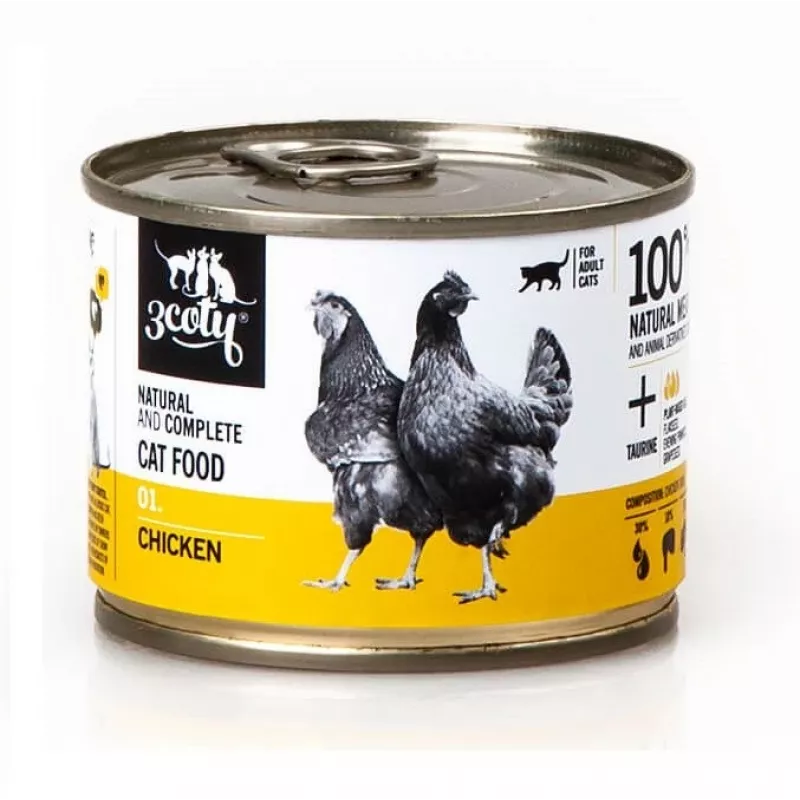 3Coty 01 šlapias ėdalas suaugusioms katėms su vištiena ir širdelėmis, 180 g
