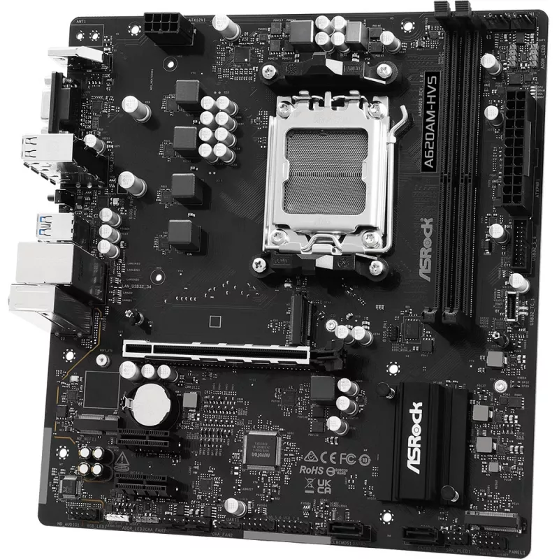Motininė plokštė ASRock A620AM-HVS Micro ATX – AMD A620A, Socket AM5, DDR5, 2 DIMM, iki 128 GB, HDMI 2.1, M.2 2280