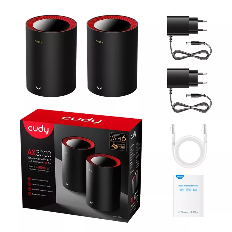 Cudy M3000 2 rinkinys Dviejų juostų (2,4 GHz / 5 GHz) Wi-Fi 6 (802.11ax) Juoda, Raudona 1 Vidinė