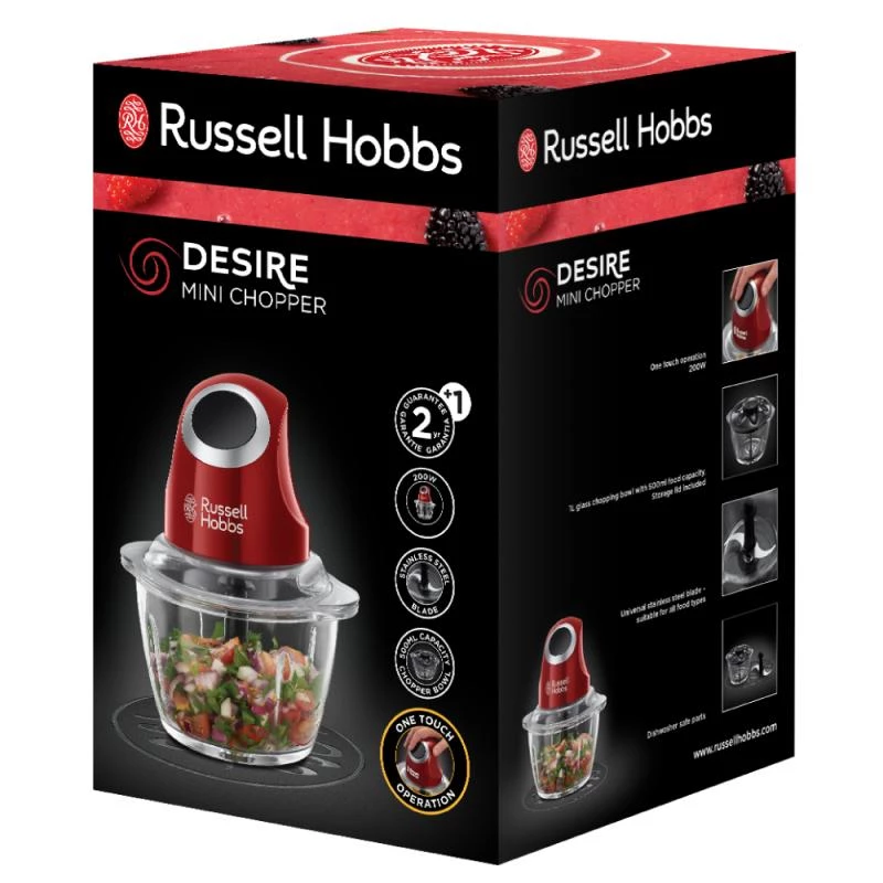 Elektroninis smulkintuvas Russell Hobbs 24660-56 — 1 L stiklinis dubuo, 200 W, raudonas