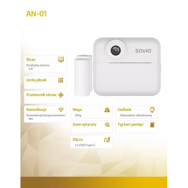 Momentinė spausdinimo kamera SAVIO AN-01 vaikams, balta, 2,4 colio LCD, MicroSDHC iki 32 GB, USB-C, 1200 mAh baterija, be įmontuotos blykstės