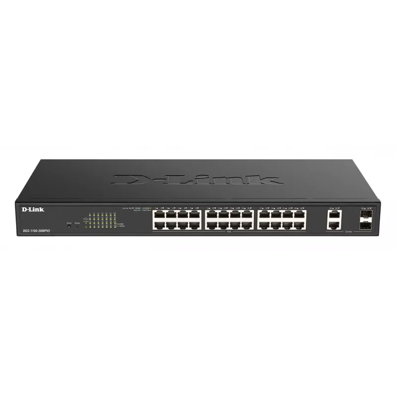 D-Link DGS-1100-26MPV2/E valdomas L2 Gigabit Ethernet komutatorius su PoE, 24 prievadai, juodas