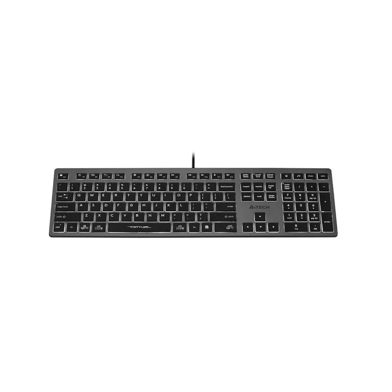 Laidinė klaviatūra A4Tech FX60H USB QWERTY – pilno dydžio 100%, balta foninė šviesa, pilka, USB šakotuvas