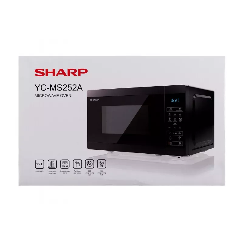 Mikrobangų krosnelė Sharp YC-MS252AE-B, ant stalviršio 25 L, 900 W, liečiamas valdymas, 11 galios lygių, vaikų užraktas, ECO funkcija, juoda