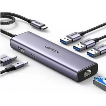 Ugreen 15598 USB 3.2 Gen 1 Type-C stotelė su HDMI, RJ-45, USB 3.0, sidabrinė