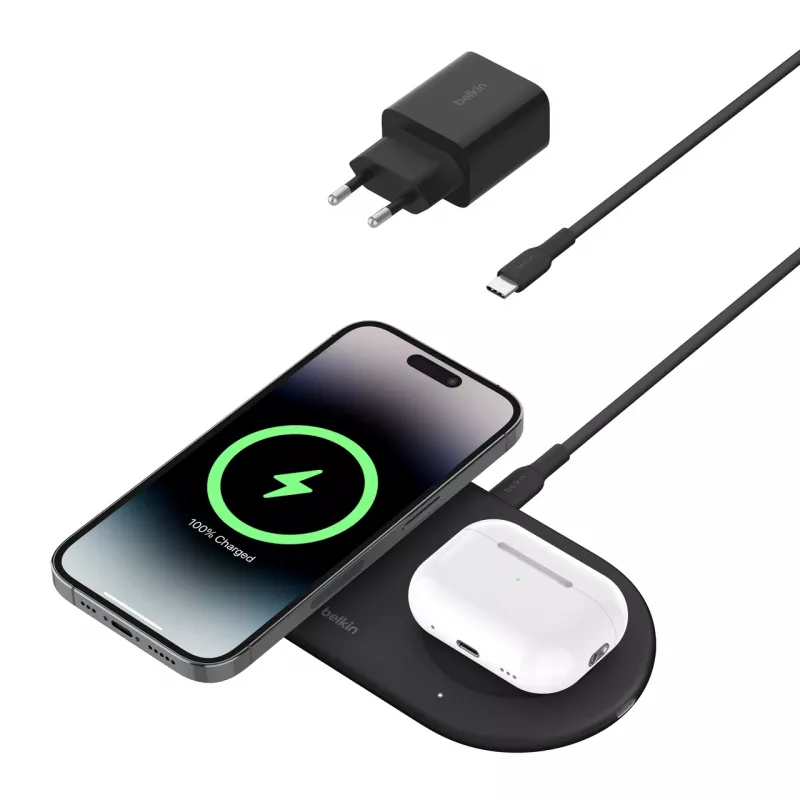 Belkin WIZ021VFBK - 2-in-1 belaidžio įkrovimo stotelė su Qi2 technologija 15 W, juoda