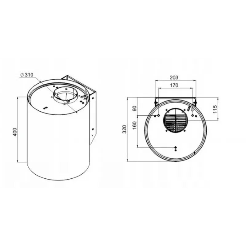 Gartraukis MAAN Elba Mini WPB 431 Satin, plieninis korpusas, 400 mm aukštis, Ø310 mm, 120–300 m³/h, elektroninis valdymas