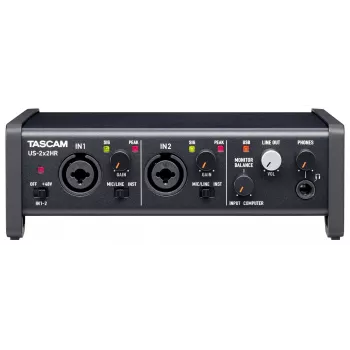 Garso sąsaja Tascam US-2X2HR, 2 x XLR/kombo įėjimai, 192 kHz, USB 2.0, MIDI In/Out, stalinis, juoda