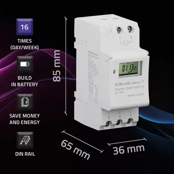 DIN bėgelio elektroninis laikmatis QOLTEC 50983, maitinamas baterija, automatikos grandinėms