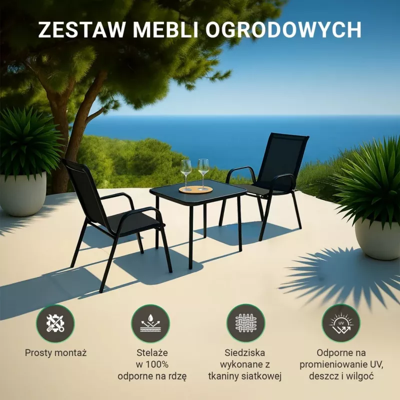 Sodo baldų komplektas Extralink Black Forest, Textilene dvi kėdės + juodas stalas