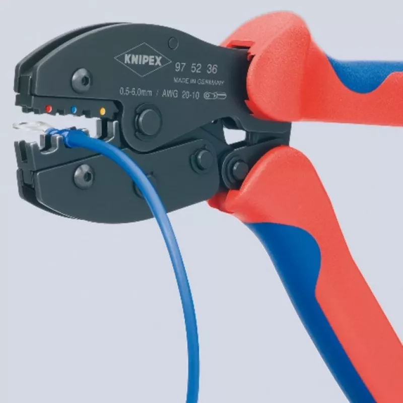 Krimpavimo replės Knipex PreciForce 975236 SB – izoliuotos rankenos, juoda, mėlyna, raudona