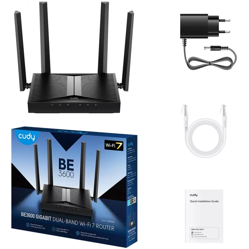 Stalinis maršrutizatorius Cudy WR3600 Dviejų juostų „Wi‑Fi 7“ (802.11be), iki 2882 Mbps, 4× Gigabit LAN, 1× WAN, Juodas