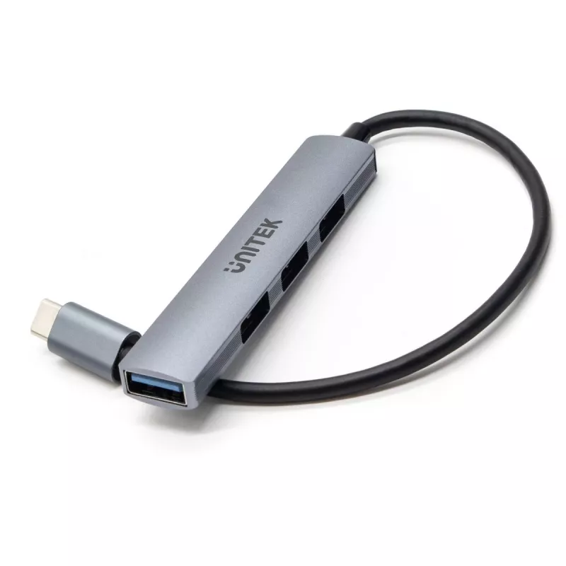 USB-C šakotuvas Unitek H1208B — 1x USB-A 5 Gbps, 3x USB-A 2.0, USB-C lizdas, aliumininis korpusas, 0,20 m kabelis