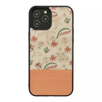 Apsauginis dėklas iPhone 12 Pro Max iš medienos ir polikarbonato – rožinė gėlė ant juodo