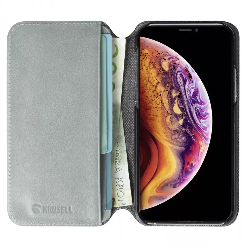 Krusell Sunne dėklas-pinigine Apple iPhone 11 Pro — vintage pilka, užlenkiamas dėklas su kortelių kišene