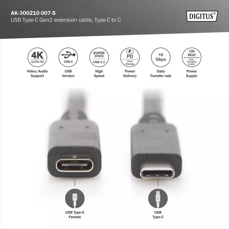 USB Type-C ilginamasis kabelis Digitus AK-300210-007-S 0,7 m
