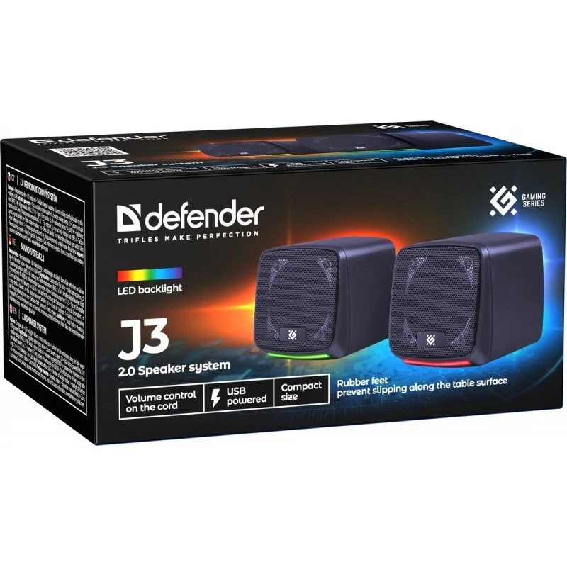 Kompiuteriniai garsiakalbiai DEFENDER J3 2.0 6W LED USB, 2×3W RMS, 90–20000 Hz, 3,5 mm, juodi