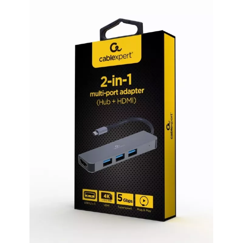 USB-C dokas nešiojamam kompiuteriui GEMBIRD A-CM-COMBO2-01 — USB 3.2 Gen 1 Type-C, 3× USB-A, 1× HDMI, pilka