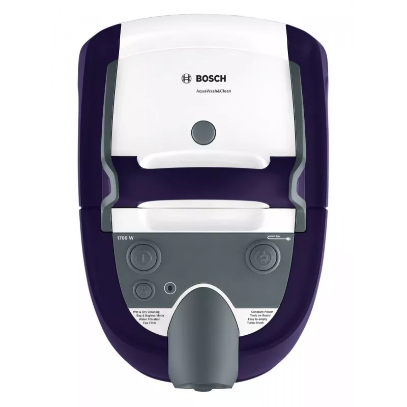 Šlapio ir sauso valymo siurblys Bosch BWD 41740 AquaWash&Clean — 1700 W, 5 L talpa, EPA filtras, teleskopinis vamzdis, 9 m spindulys, violetinė