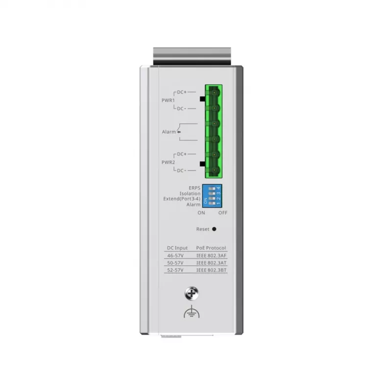 Valdomas L2 tinklo jungiklis RUIJIE RG-NIS2100-4GT2SFP-HP — 4× Gigabit RJ45, 2× SFP, PoE++ (180 W), stelažo/sienos/DIN montavimas