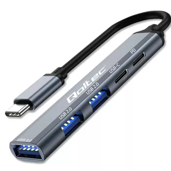 Qoltec 53790 USB-C 3.1 5in1 adapterio šakotuvas | USB-C PD | USB-C | 2x USB 2.0 | USB 3.0