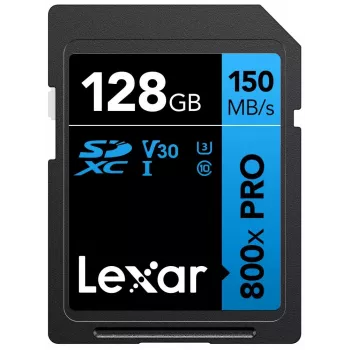 SDXC atminties kortelė Lexar 128GB UHS-I 800xPRO Class 10 U3 V30 — 150 MB/s skaitymas, 45 MB/s rašymas, juoda