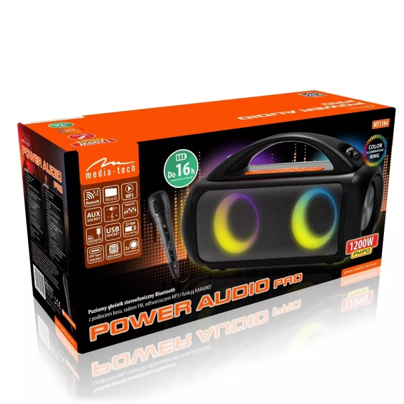 Nešiojamas garsiakalbis MEDIA-TECH MT3184 — Bluetooth 5.3, 60W RMS, IPX5, ličio jonų baterija 16h, USB-C įkrovimas, MicroSD, TWS, mikrofonas, nuotolinio valdymo pultas