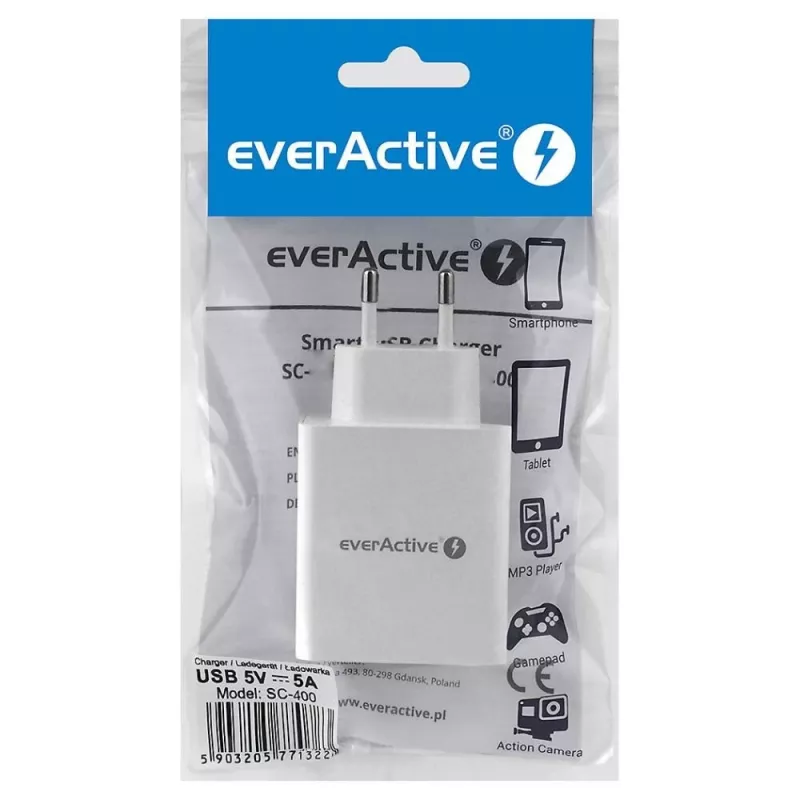 everActive SC400 sieninis USB įkroviklis su 4x USB prievadais, 5 A bendra išėjimo srove, baltas