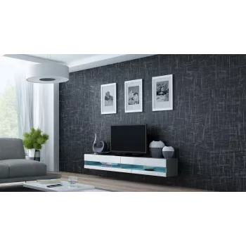 TV stovas Cama Meble VIGO NEW 30/140/40 — 1400×400×300 mm, pilkas viršus, pilkas rėmas, balti blizgūs fasadai