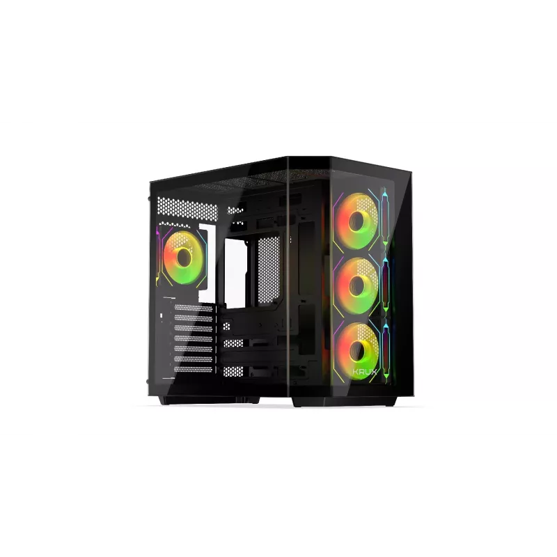 Krux Empero KRXD010 Midi Tower PC korpusas, ATX, su grūdinto stiklo skydu, 4 x 120 mm ARGB ventiliatoriai, juodos spalvos - GPU iki 420 mm, procesoriaus aušinimas iki 155 mm, 2x 3,5" + 3x 2,5" įdėklai