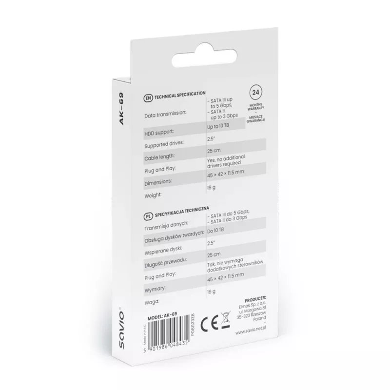 SAVIO SATA į USB-C sąsajos laidas AK-69, SATA moteriška į USB-C vyrišką, USB 3.2 Gen 1 (5 Gbit/s), 0,25 m, juodas