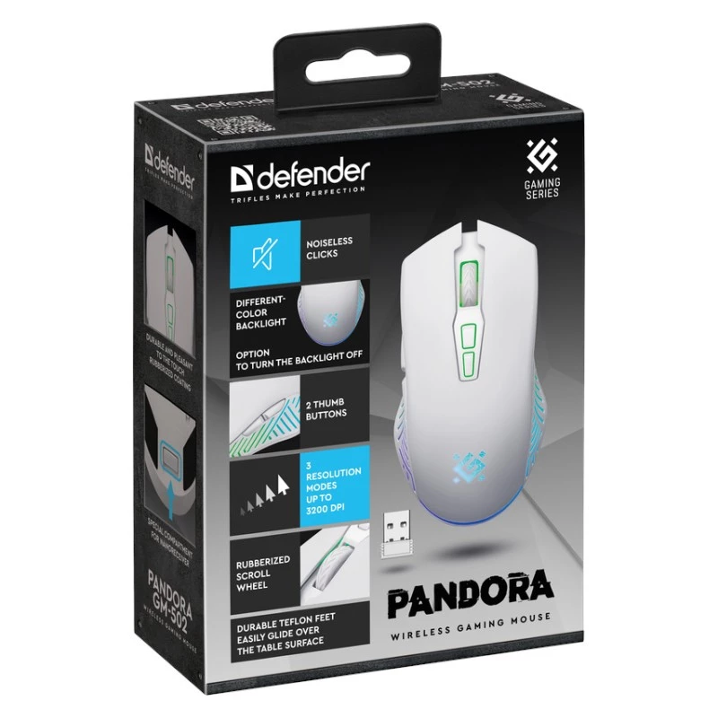 Belaidė žaidimų pelė DEFENDER Pandora White – ambidekstrinė, 3200 DPI, 6 mygtukų, programuojama, optinė, USB