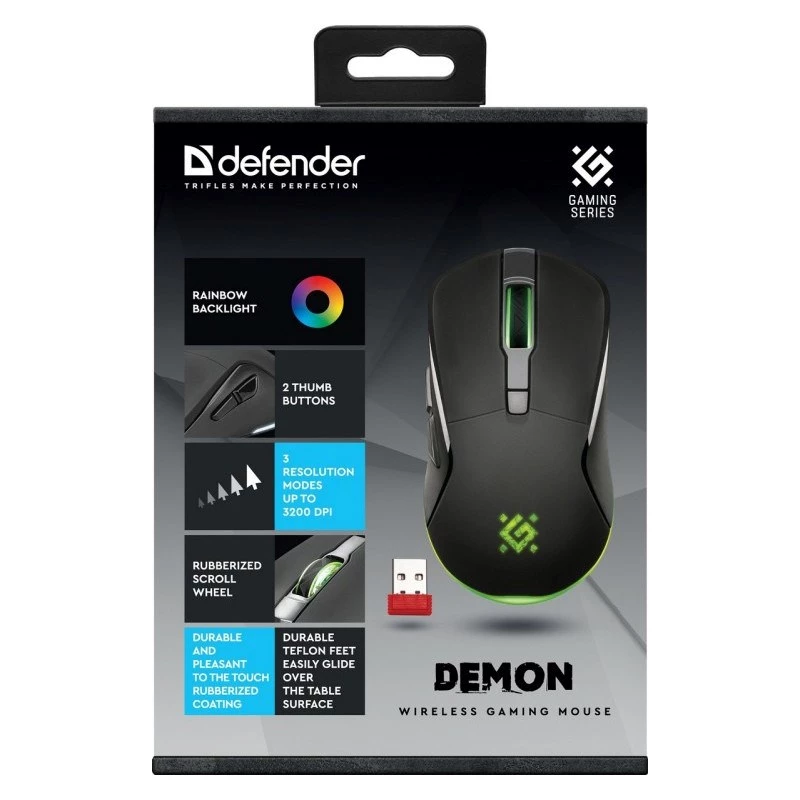 Belaidė žaidimų pelė DEFENDER Demon GM-534 RF, ambidekstrinė, 3200 DPI, 5 mygtukai, 2.4 GHz USB-A nano imtuvas