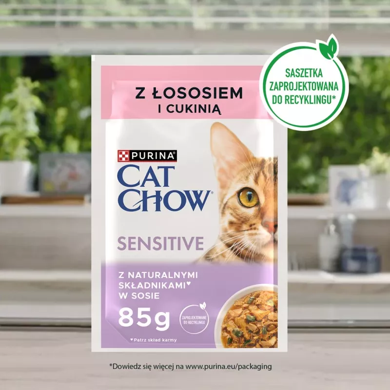 Purina Cat Chow Sensitive Gig su lašiša ir cukinija padaže – šlapias ėdalas katėms – 85 g