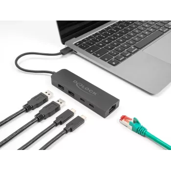 USB šakotuvas DeLOCK 10 Gbps su 2,5 Gigabit LAN ir PD 85 W